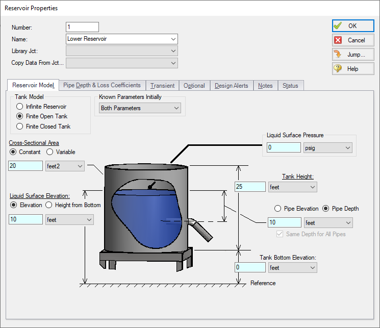 The Reservoir Properties window with Finite Open Tank chosen as the Tank Model.